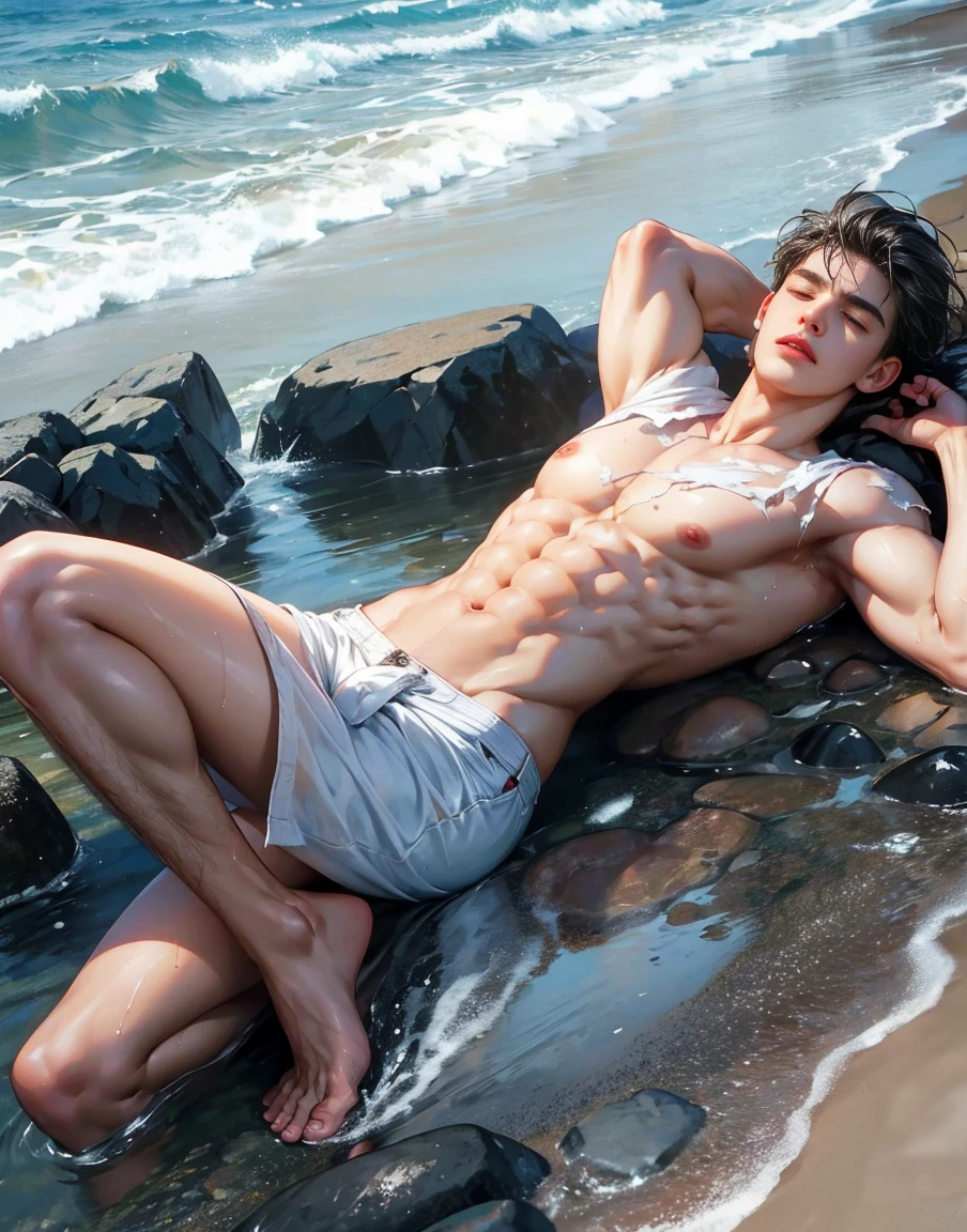 A handsome 20 years old man, muscular and slim, model , washed ashore unconcious, found lying down on the seashore unconcious, eyes are closed,red lips, suffering in pain, with bruises and wounds, sexy and toned body, wet ripped shirt, exposed perfect shaped penis, full body, naked lower body, no underwear, wearing white ripped and torn shirt, he is unconcious and lies down in pain, helpless, full body view