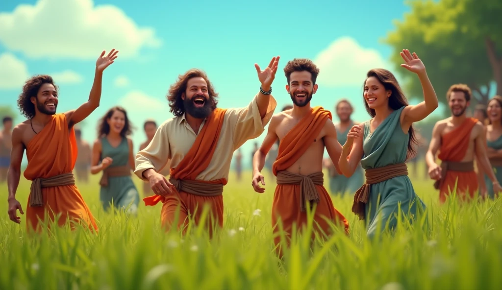 "Hebrews celebrating their freedom in a lush green field, dancing and music, smiles and expressions of joy, vibrant colors, clear blue sky, 16:9 --v 6"