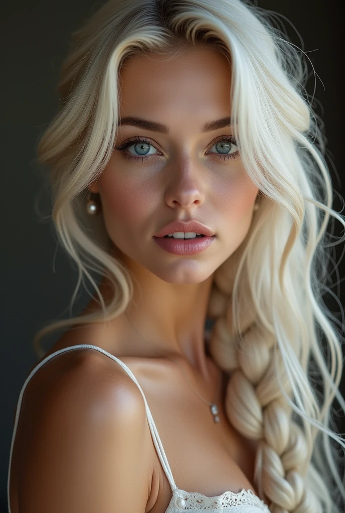 [close up of the face] masterpiece, Best Quality, super rendering, anatomically correct, textured skin, super detail, high details, high quality, award winning, best quality, high resolution, 16k, 8k High Detail Face, full body shot, 1girl, Solo, 10's Beautiful German girl, long Platinum blonde hair, Single braided, Blue eyes, skin details, skin pores, very slim breasts,  perfect hands, natural breasts, wide hips. --Sexy body --Prominent bare breasts --Detailing, full body, a lot of femininity, tempting, Dazzling, sensual pose, muse, shallow depth of field, sharp focus, flat lighting, photo realistic, best whitened teeth, gentle facial expression 