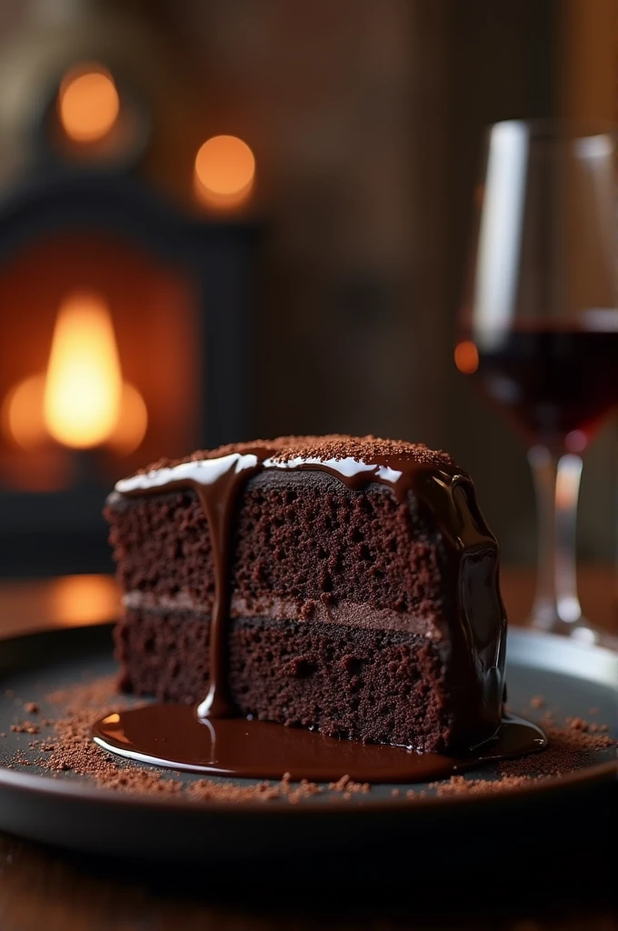 Chocolate cinematic movie scene, bolo de chocolate, darkness background, quality photo, Wet texture, penthouse, studio photo, slice. shallow depth of field, vignettes, highly detailed, high budget, bokeh, cinemascope, temperamental, epic, comely, film grain, grainy.