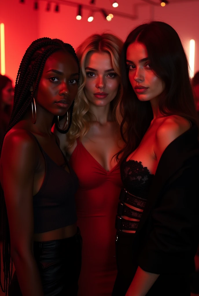 Three women are in the spotlight, similar in appearance to the photos you provided. They are at a party with a predominantly black and red background., with subtle lighting to highlight the sophisticated nocturnal atmosphere. Ao fundo, there are other people visible, but blurred, to keep the main focus on the three women. 1. The first woman, with dark skin and braided hair that falls to the side, wears a stylish top and a high-waisted skirt, in dark tones. 2. The second woman, with fair skin and curly blonde hair, wears a red dress with a black jacket 3. The third woman, with olive skin and straight, dark brown hair, wears a black corset, combined with a long skirt or pants that brings a touch of elegance. They all have dark brown eyes, long hair and a delicate face, Soft, all three are 20 year olds. The scenery in the background suggests a sophisticated party, with diffused lights and an elegant atmosphere, where red and black tones predominate in the decoration.