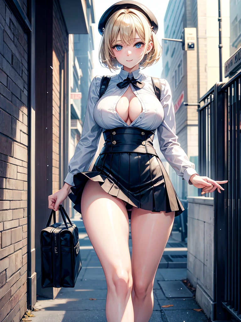 Anime style, super fine illustration, highly detailed, beautiful detailed, pale tone image, static representation, gentle expression, 8k, pretty 1girl with blonde straight short hair & blue eyes & a bright smile & full bust & nipples & soft fair skin is wearing big white business shart not to show her skin & black tight skirt & 1business bag, on the business building street, in the morning, brilliant particles of lights, romantic stories, solo, perfect 5fingers, perfect arms, perfect legs, masterpiece.