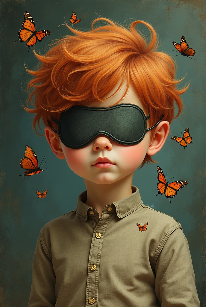 Copper-haired boy with butterflies and blindfold