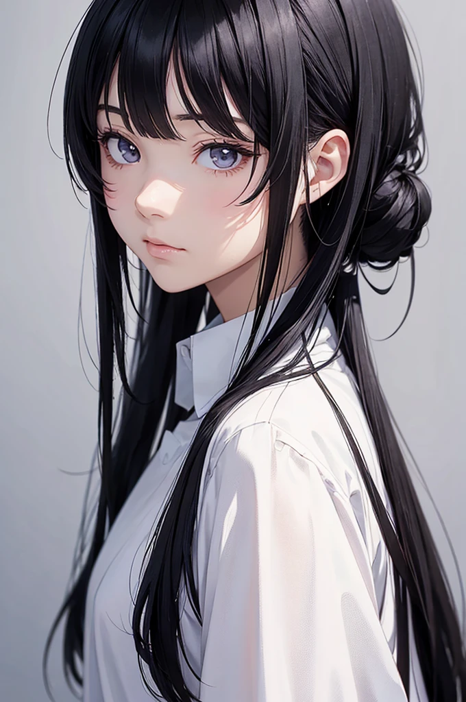 anime,(face),(Beautiful attention to detail), Black Hair,Silver Eyes, masterpiece,View your viewers, Highest_quality,White Background,masterpiece,White shirt, Put your arms behind your back,