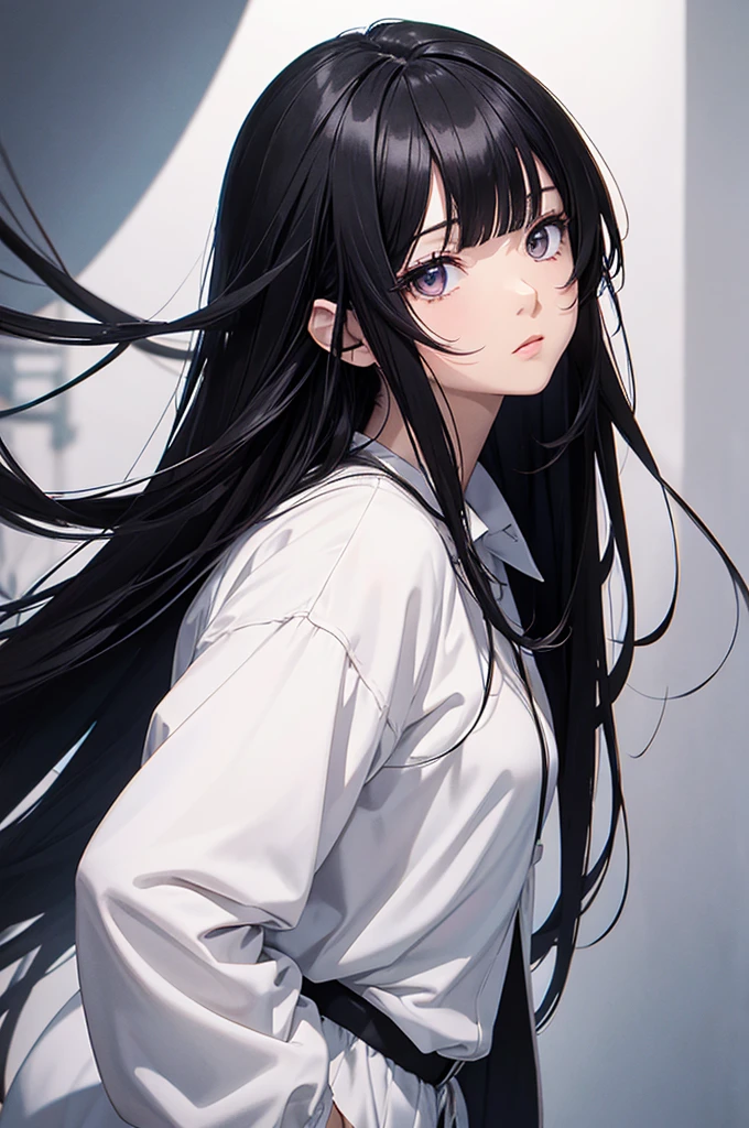 anime,(face),(Beautiful attention to detail), Black Hair,Silver Eyes, masterpiece,View your viewers, Highest_quality,White Background,masterpiece,White shirt, Put your arms behind your back,