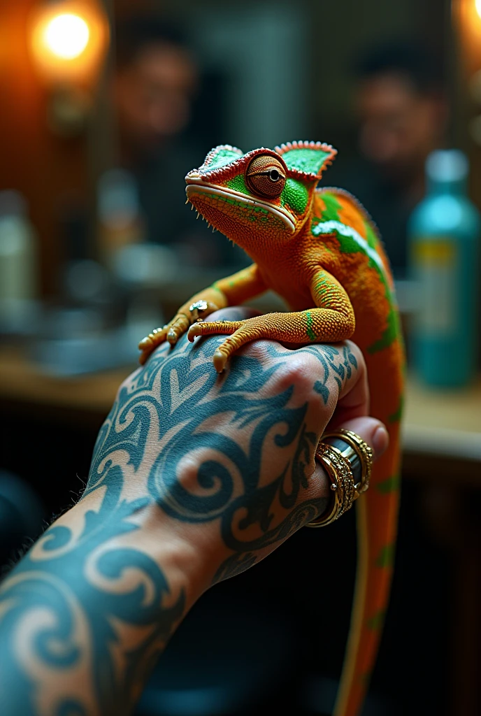 Man's hand with tattoos and rings, with a chameleon sitting on the hand. The chameleon's details, including its textured skin and vibrant colors, should be clearly visible. In the style of Nikon D70 camera photography style.The tattoos and rings on the hand should also be detailed, with realistic lighting and shadows. High resolution, with a focus on the interaction between the hand and the chameleon.Blurred dark cinematic barbershop background.