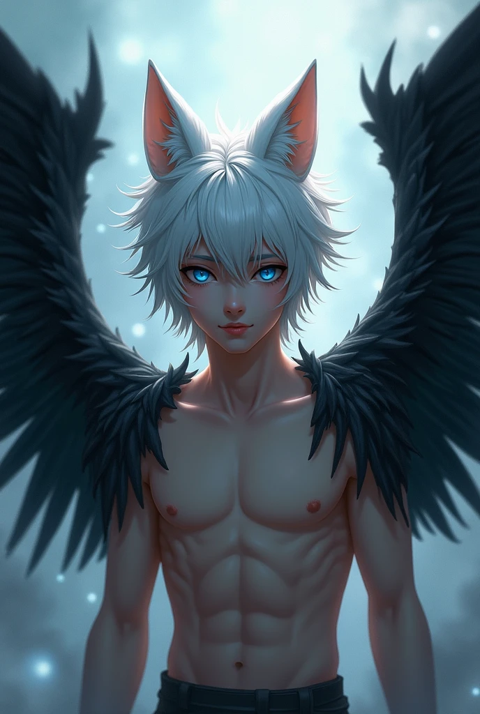  male Human with blue eyes, silver hair, white fox ears and very big black wings