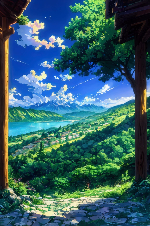 Anime style landscape, (showy), vibrant colors, Rolling Hills, Majestic mountains, lago sereno, Detailed foliage, dramatic lighting, cinematographic composition, Digital art, intricate details, Very detailed