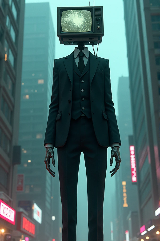 Skinny body, with an old television head, with elegant suit, anime