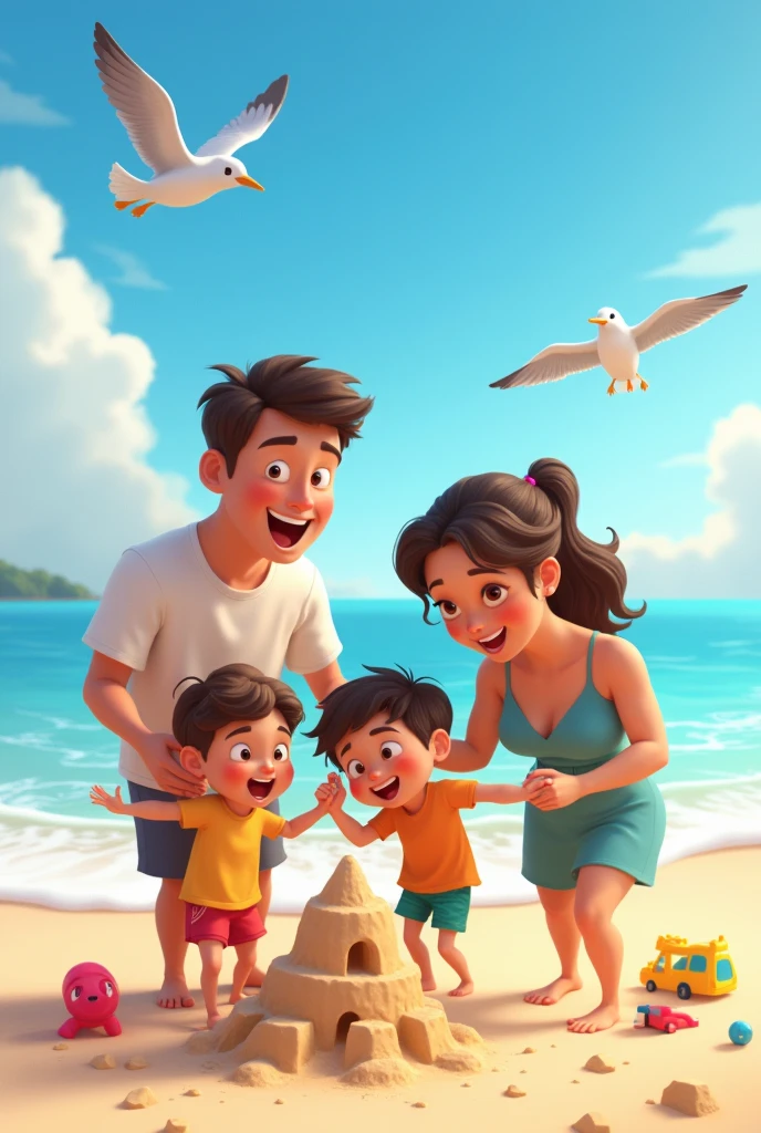 A family on beach ,cartoon , pixar