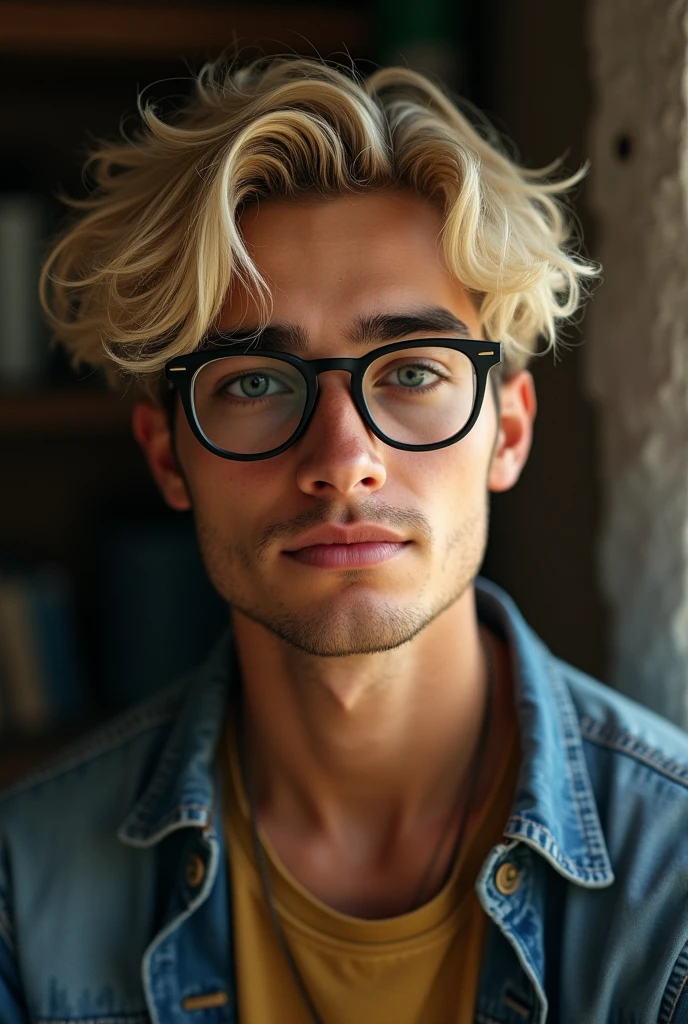 Blond with glasses and scars with wavy hair, cute boy with a face, blue eyes, handsome but poor, intelligent Latino