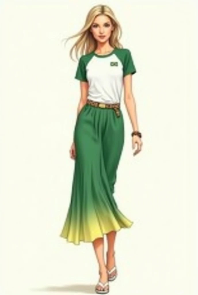 I would like a women&#39;s fashion sketch. I want a white baby tee with a matcha green gradient on the shoulders and sleeves. I still want a small Brazilian flag on the top left of the baby tee..
I would like a pleated skirt in matcha green with a yellow hem.. I also want a thin belt with a leopard print and white flip-flops on my feet..