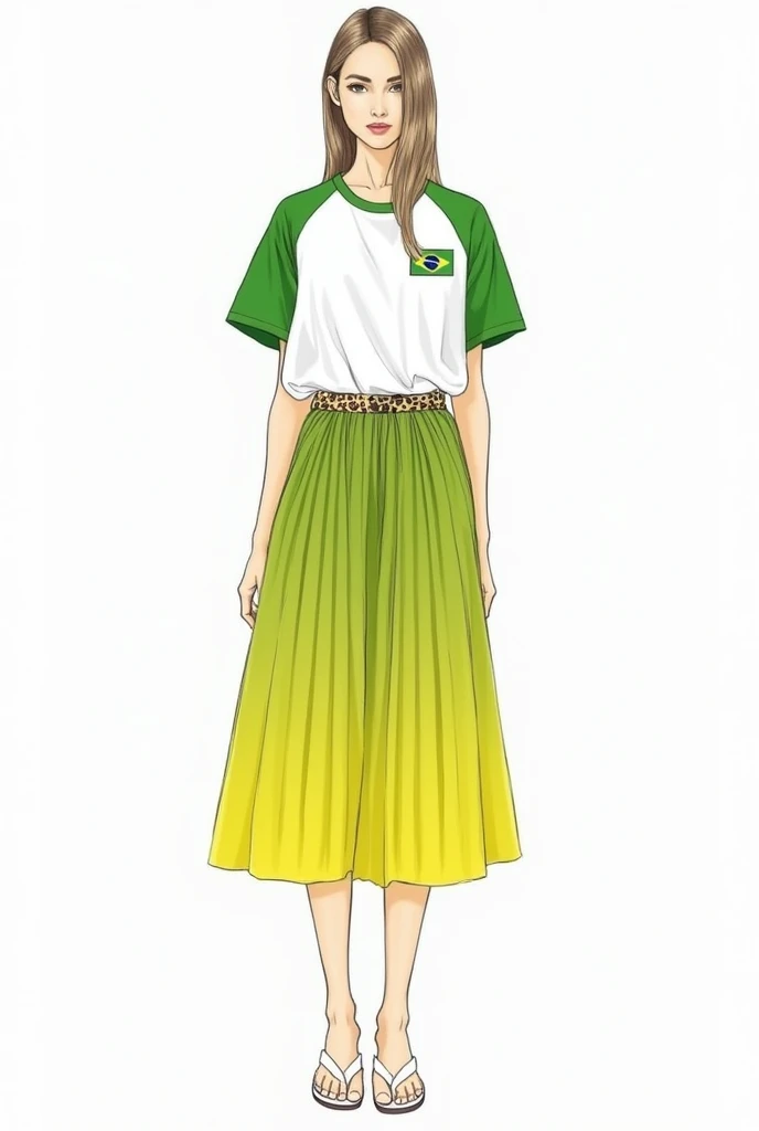 I would like a women&#39;s fashion sketch. I want a white  tee with a matcha green gradient on the shoulders and sleeves. I still want a small Brazilian flag on the top left of the baby..
I would like a pleated skirt in matcha green with a yellow hem.. I also want a thin belt with a leopard print and white flip-flops on my feet..