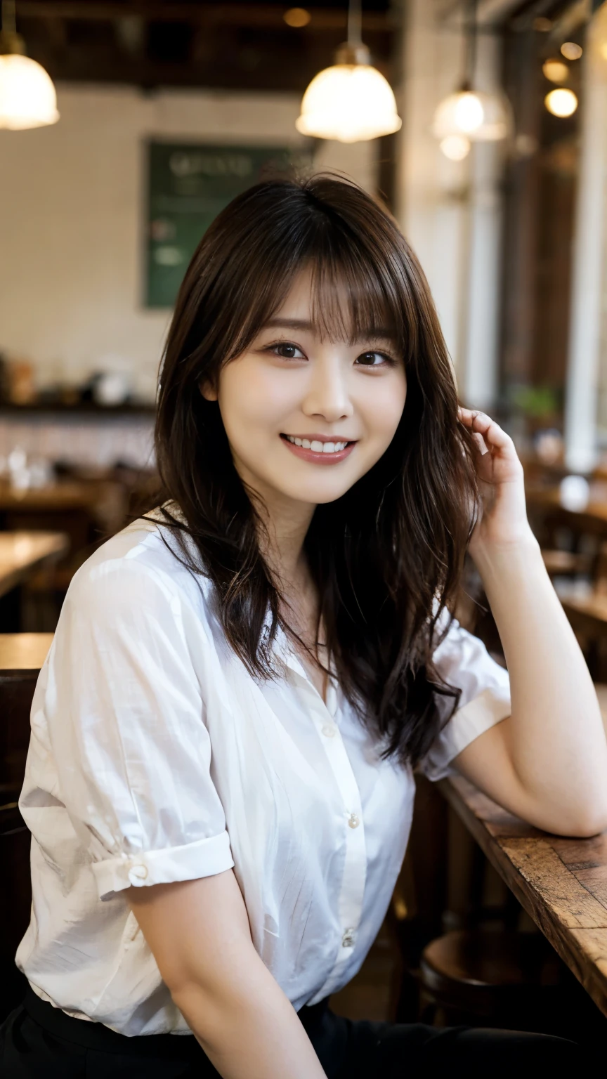 8k wallpaper, masterpiece, Highest quality, Very detailed, One Mature Woman, 50 years old, Become very clear, Wearing a spring-like shirt, Skin dents, Captivating smile, Looking at the audience, , Plump, Curvaceous, Attractive face, Smiling with teeth showing, I was happy, sitting in a cafe, Background Blur