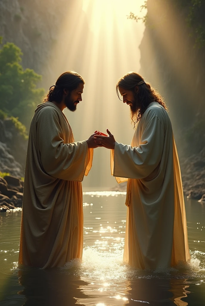 A lively of Jesus stands in the Jordan River, water dripping from His hair and clothes as John the Baptist baptizes Him. The heavens open above, and a dove, representing the Holy Spirit, descends with beams of light illuminating Jesus, CINEMATIC, highly detailed and photorealistic