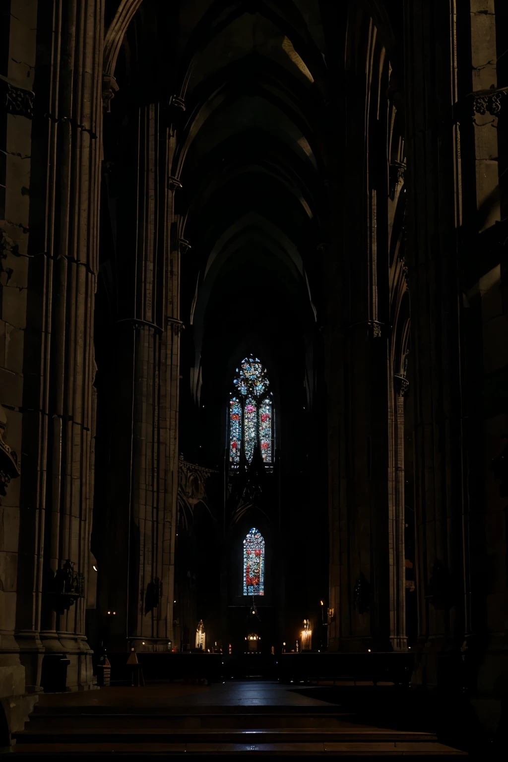 The alter of a gothic cathedral at night.