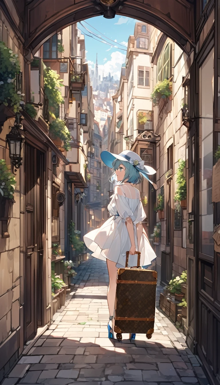 Light blue hair、Short Bob、Deep green eyes、Age 25、White dress、High heels、Pulling a Louis Vuitton suitcase、Wide-brimmed hat、、European cityscape、Walking、looking outside