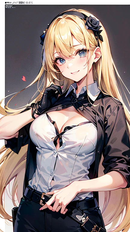 Beauty,Around 20 years old,
((Blonde)),
((漆blackの瞳)),
(Semi-long hair:1.7),
(expression:smile),
(Squint your eyes),
Big Breasts,
Cleavage:cover,
Tilt your head 15 degrees,
((business suit:Waist wrap)),
((Dress shirt:Rolled up sleeves)),
((Slack Pants:No wrinkles)),
((blackのスカーフ:Striped pattern)),
((Rose headband:black)),
((Equipped with a Japanese sword:blackの鞘:Long sword)),
((Magazine holster on waist)),
(Plain background:grey:1.5,ID photo),
4K,
high quality,
Highest quality,
Delicate shades,
Detailed depiction,
Depict the whole,
Facial Contour,
Perfect body structure,
Perfect skeleton,
Perfectly symmetrical eyes,
