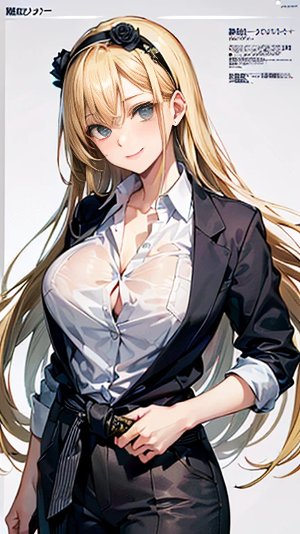 Beauty,Around 20 years old,
((Blonde)),
((漆blackの瞳)),
(Semi-long hair:1.7),
(expression:smile),
(Squint your eyes),
Big Breasts,
Cleavage:cover,
Tilt your head 15 degrees,
((business suit:Waist wrap)),
((Dress shirt:Rolled up sleeves)),
((Slack Pants:No wrinkles)),
((blackのスカーフ:Striped pattern)),
((Rose headband:black)),
((Equipped with a Japanese sword:blackの鞘:Long sword)),
((Magazine holster on waist)),
(Plain background:grey:1.5,ID photo),
4K,
high quality,
Highest quality,
Delicate shades,
Detailed depiction,
Depict the whole,
Facial Contour,
Perfect body structure,
Perfect skeleton,
Perfectly symmetrical eyes,