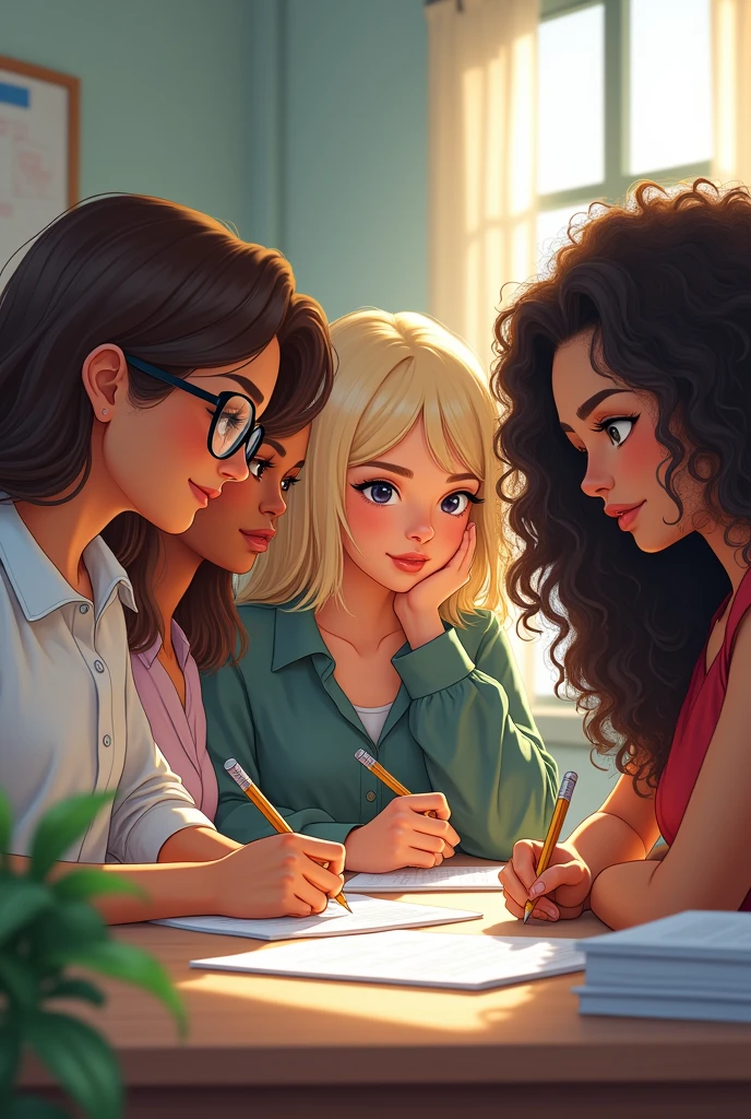 Four people studying to pass a teaching exam. Among these 4 people, one is a young man with glasses, brown skin and wavy, thin hair., and 3 girls, a brown girl with straight hair, a white blonde with wavy hair and a brown girl with curly hair.