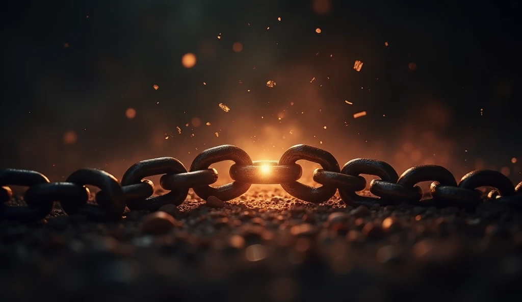 "Symbolic image of breaking chains representing the liberation of Hebrews, dark background with illuminated chains, hope and freedom symbolism, 16:9 --v 6"
