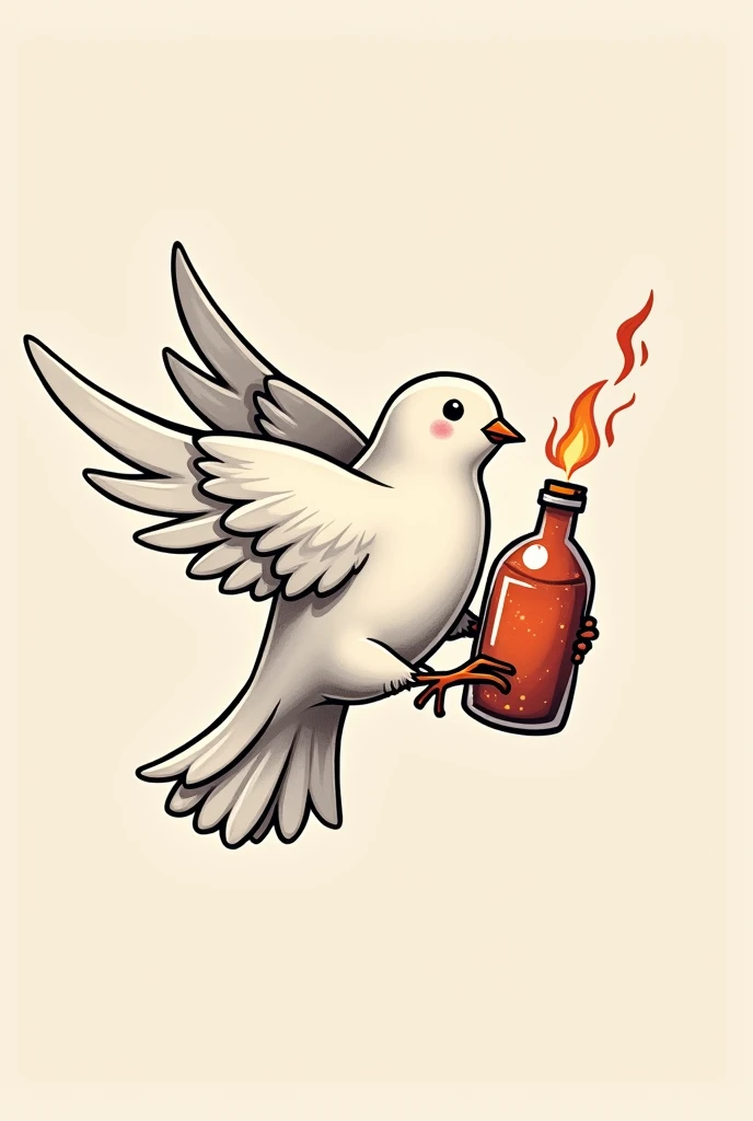 Une colombe qui porte un cocktail Molotov dans ses pattes pour un tatouage mignon