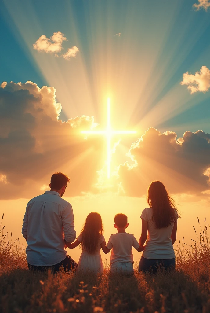 Family kneeling before the sky and Spanish lyrics above that say seeking the presence of God 