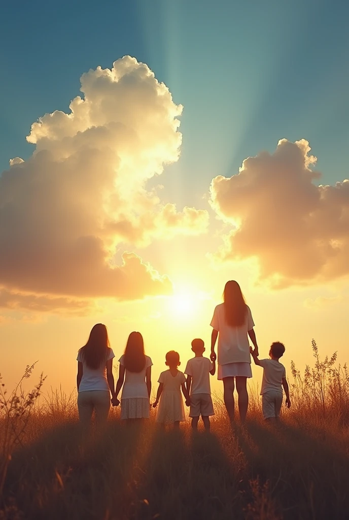 Family kneeling before the sky and Spanish lyrics above that say seeking the presence of God