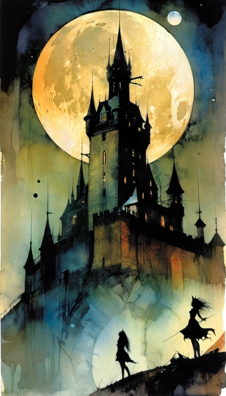 sensual, dark castle, moon,Bill Sienkiewicz and Dave Mckean inspired art
