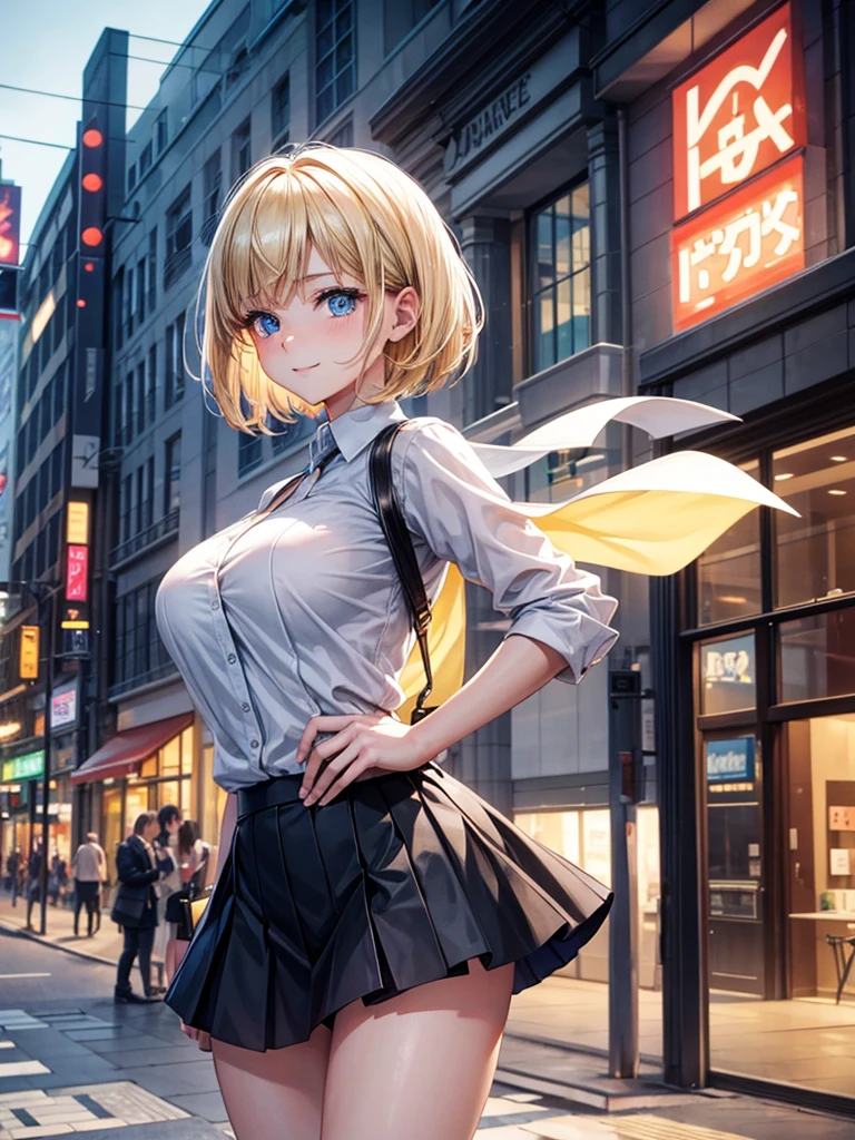 Anime style, super fine illustration, highly detailed, beautiful detailed, pale tone image, static representation, gentle expression, 8k, pretty 1girl with blonde straight short hair & blue eyes & a bright smile & full bust & soft fair skin is wearing big white business shart not to show her skin & black tight skirt & 1business bag, on the business building street, in the morning, brilliant particles of lights, romantic stories, solo, perfect 5fingers, perfect arms, perfect legs, masterpiece.