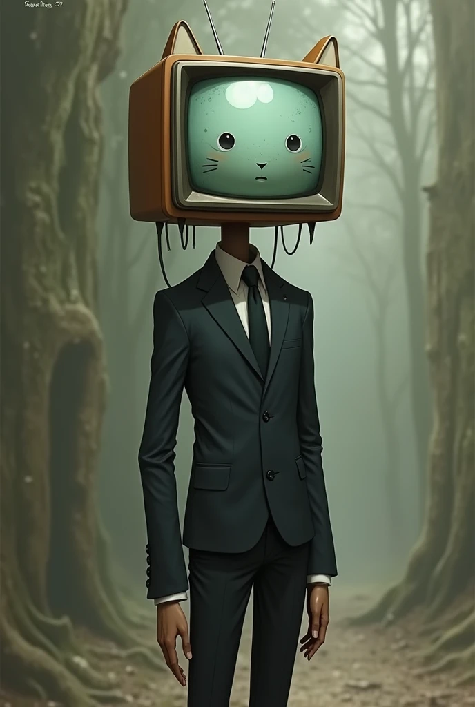 Skinny body, with an old television head, with elegant suit, anime, with a kawaii cat face
