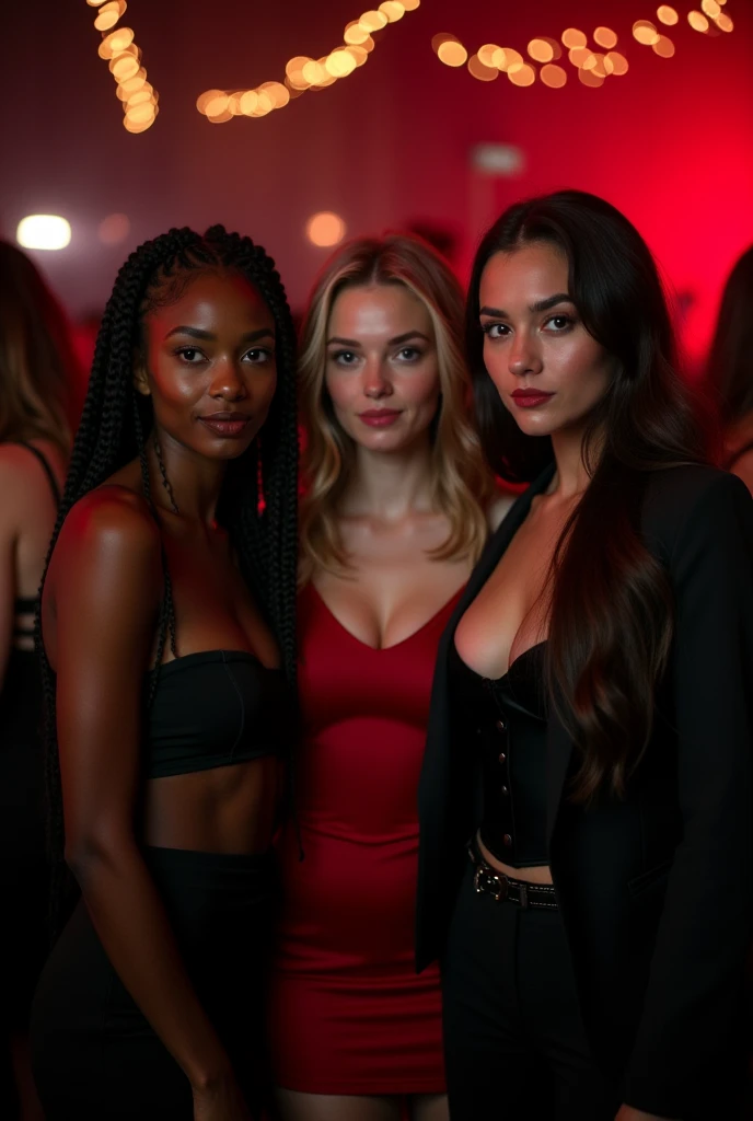 Three women are in the spotlight, similar in appearance to the photos you provided. They are at a party with a predominantly black and red background., with subtle lighting to highlight the sophisticated nocturnal atmosphere. Ao fundo, there are other people visible, but blurred, to keep the main focus on the three women. 1. The first woman, with dark skin and braided hair that falls to the side, wears a stylish top and a high-waisted skirt, in dark tones. 2. The second woman, with fair skin and curly blonde hair, wears a red dress with a black jacket 3. The third woman, with olive skin and straight, dark brown hair, wears a black corset, combined with a long skirt or pants that brings a touch of elegance. They all have dark brown eyes, long hair and a delicate face, Soft, all three are 20 year olds. The scenery in the background suggests a sophisticated party, with diffused lights and an elegant atmosphere, where red and black tones predominate in the decoration in the form of a book design 