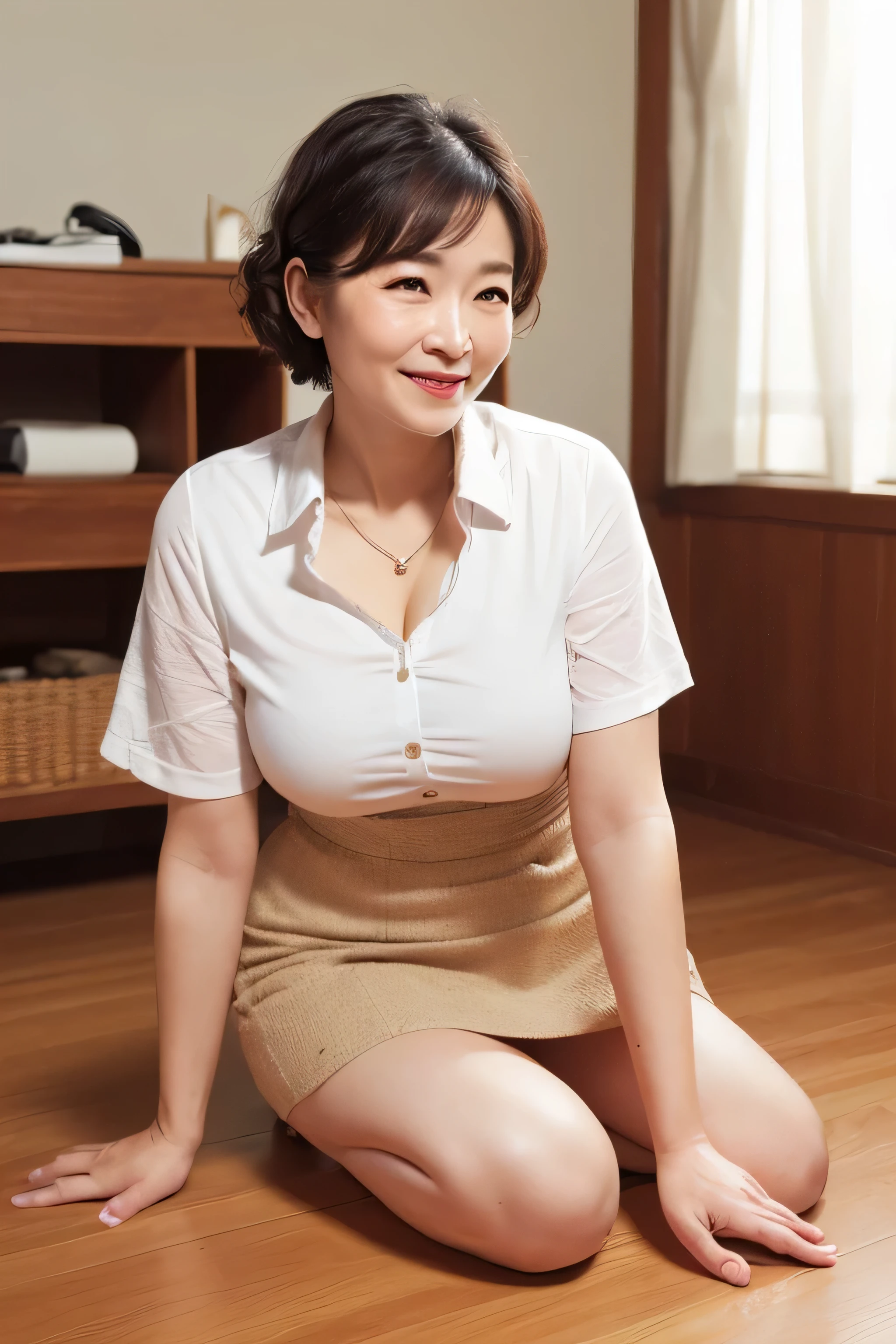 (Highest quality, masterpiece,Photorealistic,Very detailed,Textured skin:1.2),break  (On all fours),(1 girl),
break  (mini skirt),(shirt),
break (Japanese Mature),(50 years old),
break (Natural Hairstyles),Natural Eyebrow,smile,