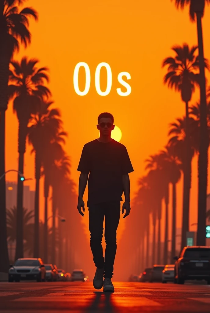 Male human figure as if it were a shadow walking through Los Angeles 2007 between palm trees with an orange vaporwave background and ABOVE SAYING 00s