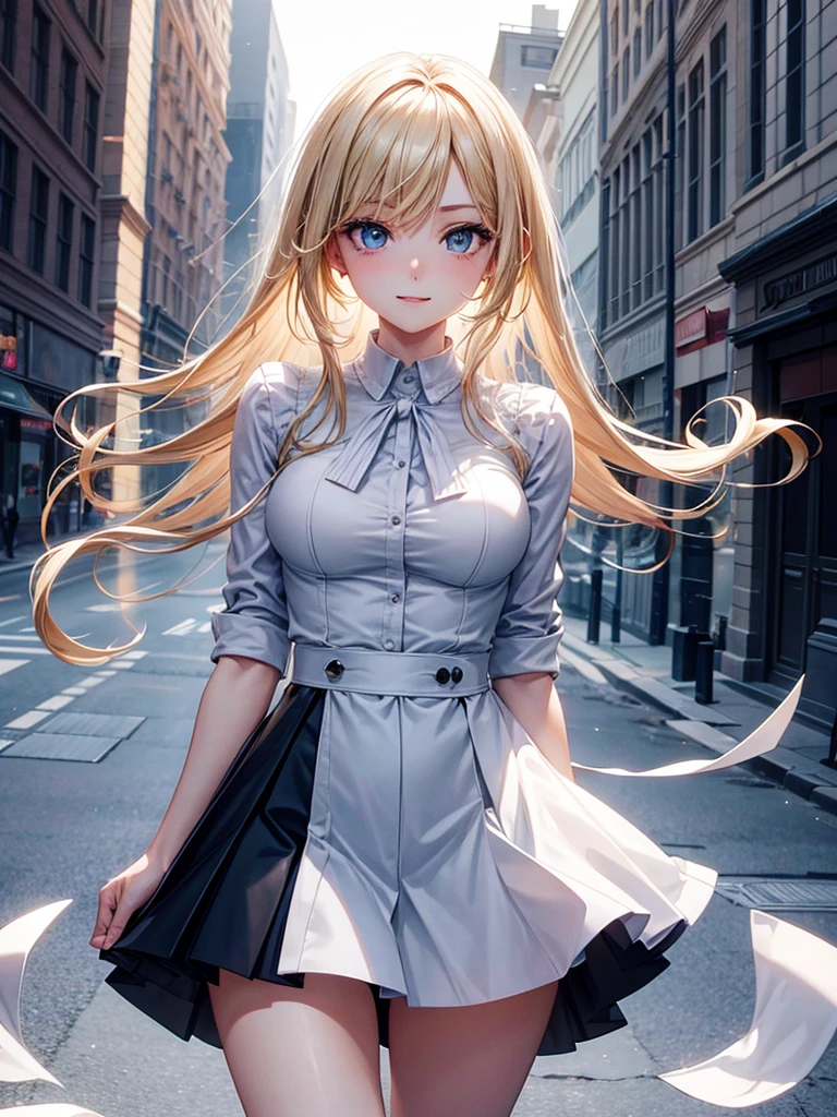 Anime style, super fine illustration, highly detailed, beautiful detailed, pale tone image, static representation, gentle expression, 8k, pretty 1girl with blonde straight short hair & blue eyes & a bright smile & full bust & soft fair skin is wearing big white business shart not to show her skin & black tight skirt & 1business bag, on the business building street, in the morning, brilliant particles of lights, romantic stories, solo, perfect 5fingers, perfect arms, perfect legs, masterpiece.