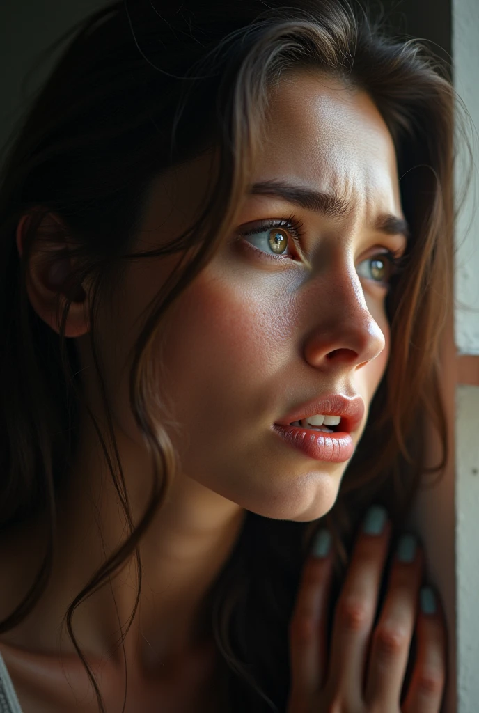 photorealism:1.2),Beautiful woman crying because she has to emigrate from her country to another to have a better future