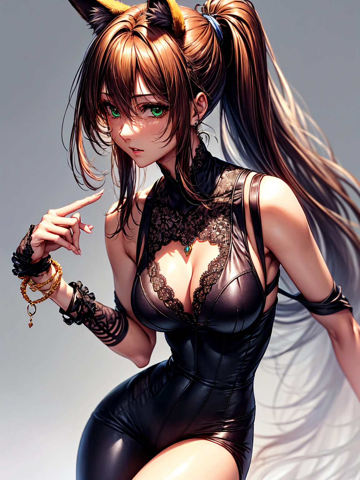 top-quality、tmasterpiece、Very high resolution、super high image quality、High-quality pixels)、perfect eyes, perfect face, perfect body figure,solo,8K, sizable breast,(Detailed description of hair), (Detailed description of face),(Detailed description of body), fair and clear skin, matchless beauty, long legged, brown hair details expressed, The details have been upgraded, tingyunhsr, green eyes, hair between eyes, ponytail, brown fox ears, fox tail, jewelry, bracelet, (black man suit:1.2), fox charming look, man trousers