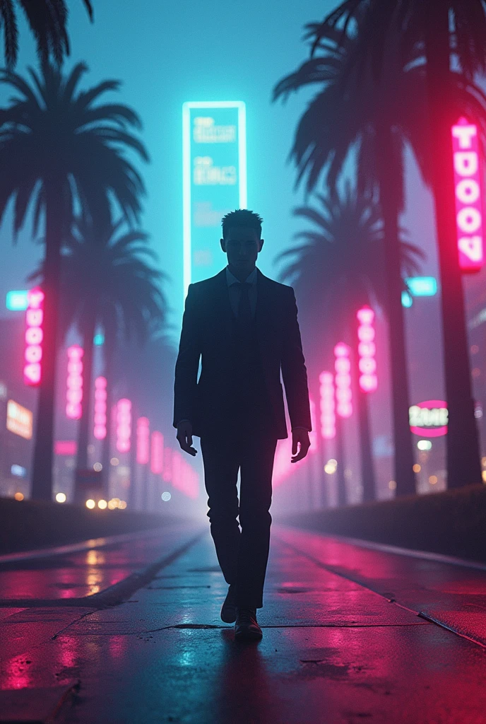 Male human figure as if it were a shadow walking through Los Angeles 2007 between palm trees with an orange vaporwave background and ABOVE SAYING 00s