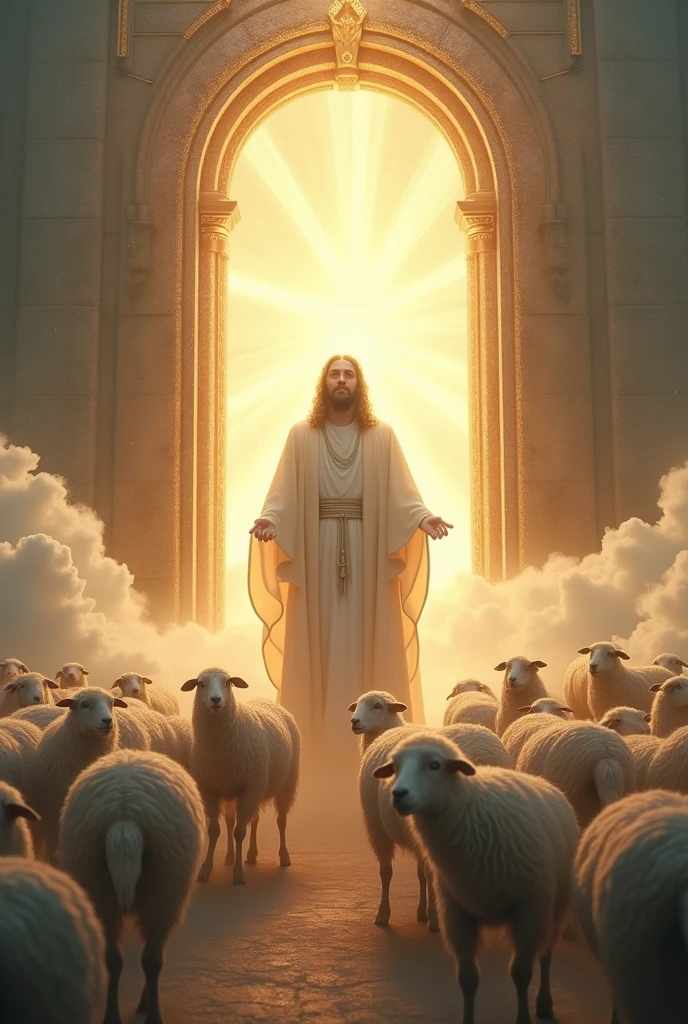 Create an image of God and his sheep at the gate of heaven 