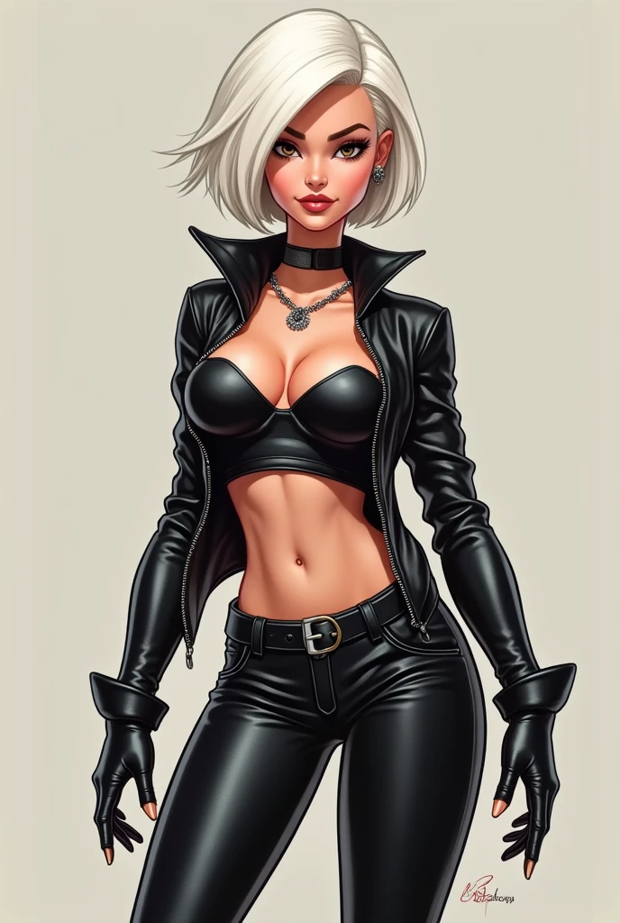 Barbie style CARTOON intimidating look short white hair brown eyes white skin leather pants leather sweetheart neckline top and leather booties black nails