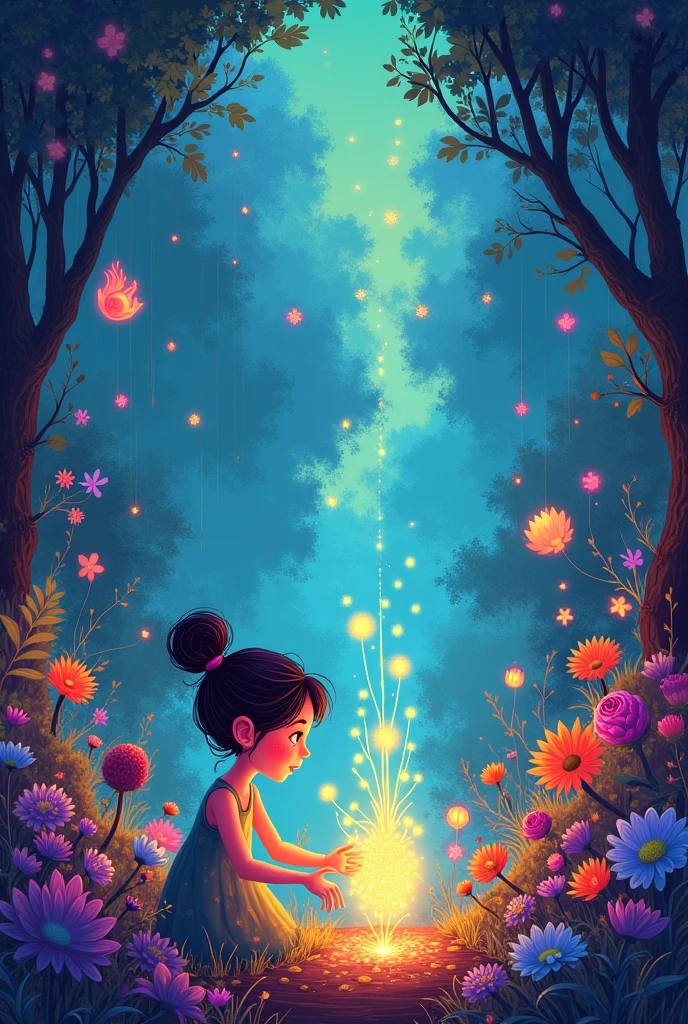 CARTOON style drawing of The returns to her garden and plants the flower back in its place. The whole garden starts to glow, with the colors of the rainbow spreading across all the flowers around.