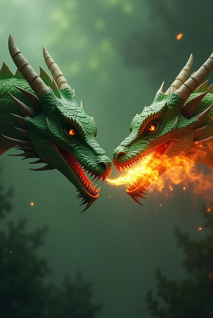 high definition image of two equal heads of green dragon, one on the top left side and one on the bottom right side, one spitting fire into the other&#39;s mouth, 8k