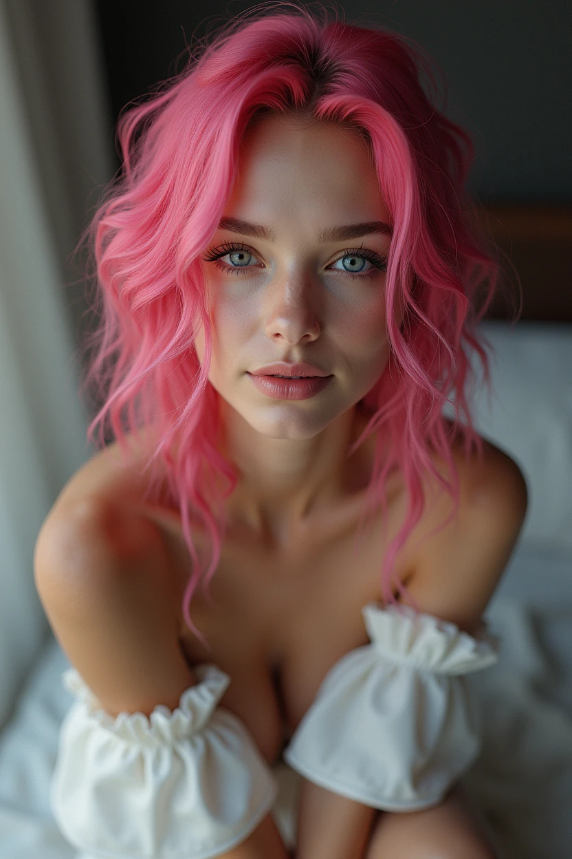 a beautiful girl with hot pink hair, sitting on a bed, extremely detailed eyes and face, beautiful detailed lips, longeyelashes, elegant pose, intricate details, cinematic lighting, highly detailed, 8k, photorealistic, vibrant colors, dramatic lighting, fantasy art, digital painting