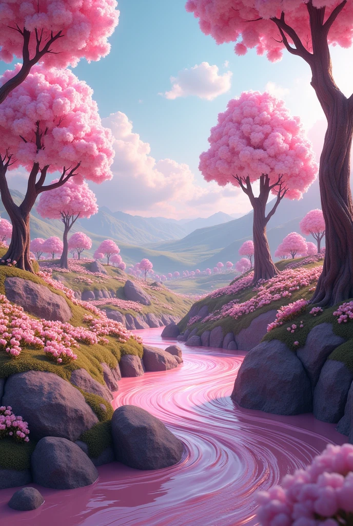 Beautiful landscapes. With a river of chocolate, Cotton candy trees and color palettes.