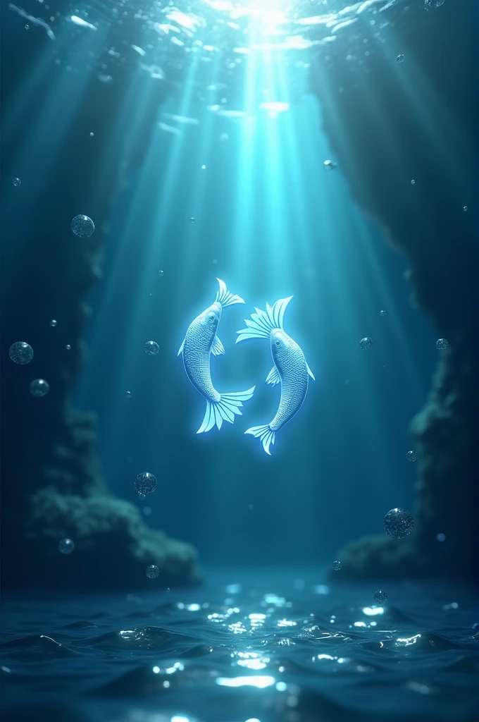 Create a realistic 3D image of an underwater scene with the Pisces symbol glowing softly at the center. The background should feature gentle waves, bubbles rising, and a magical light filtering through the water, creating a serene and mystical atmosphere."