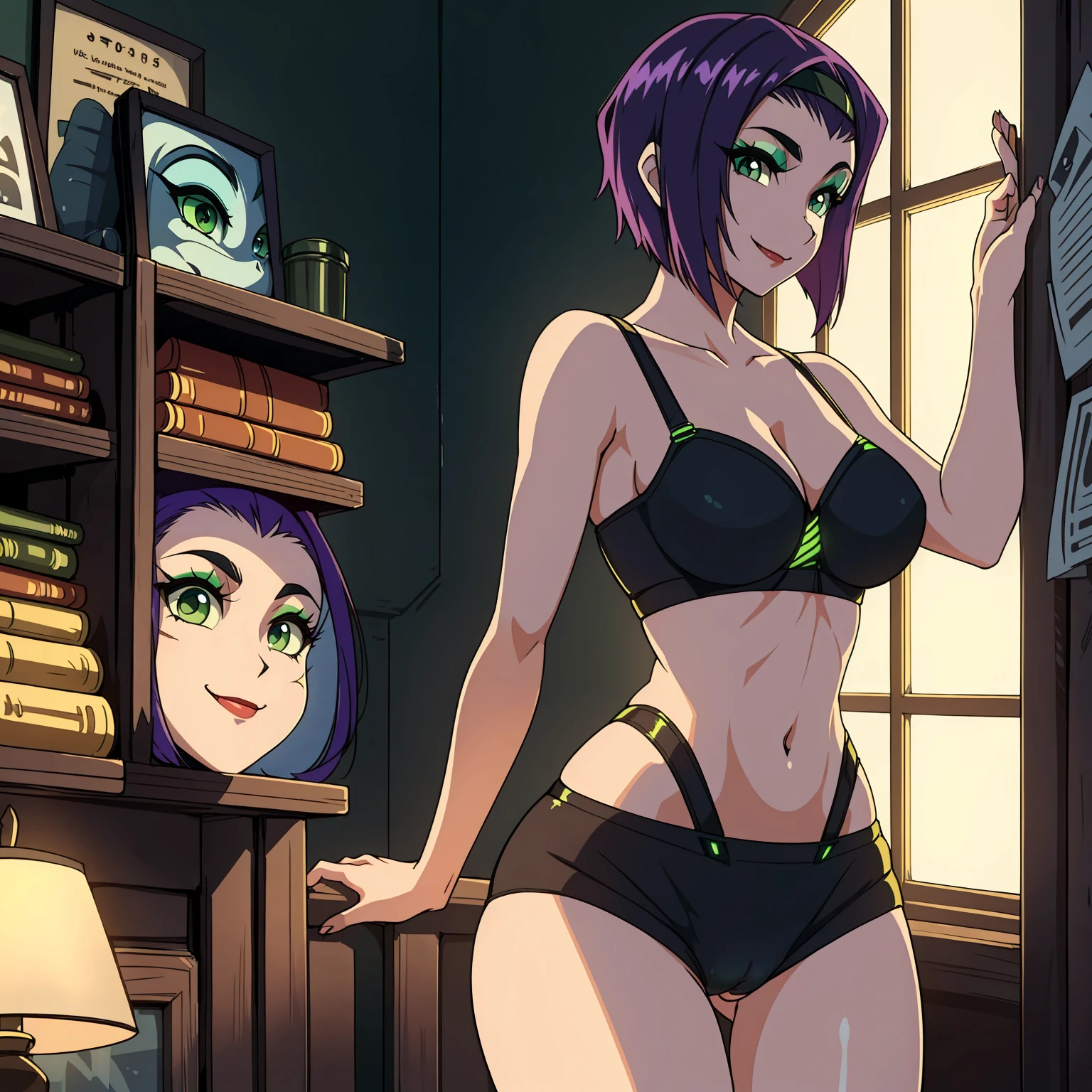 ((solo,1woman, mature, alone))), faye valentine, ((violet hair, short hair, long eyelashes, glowing green eyes, wide eyes, body fur, makeup, narrow waist, skinny, medium breasts)), pelvic curtain, ((black panties, black bra)), full body, perfect body, (insanely detailed, beautiful detailed face, masterpiece, best quality), (extremely detailed 8k paper CG wall unit: 1.1), (bedroom, bed, dusk), (smile face for the viewer), cameltoe view, front and back view, big ass