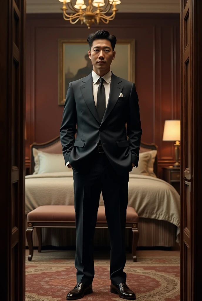 A strong Korean man, in a suit, in a mansion, in the bedroom