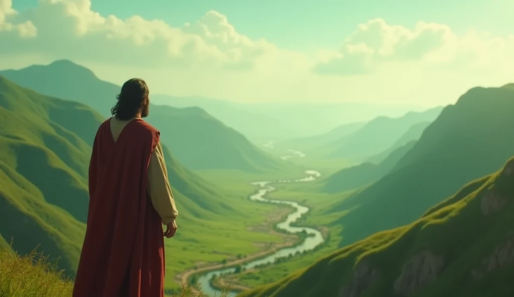 "Moses looking at the Promised Land in the distance, green and fertile mountains, serene scene with soft light, symbolizing hope and future, contemplative expression, 16:9 --v 6"