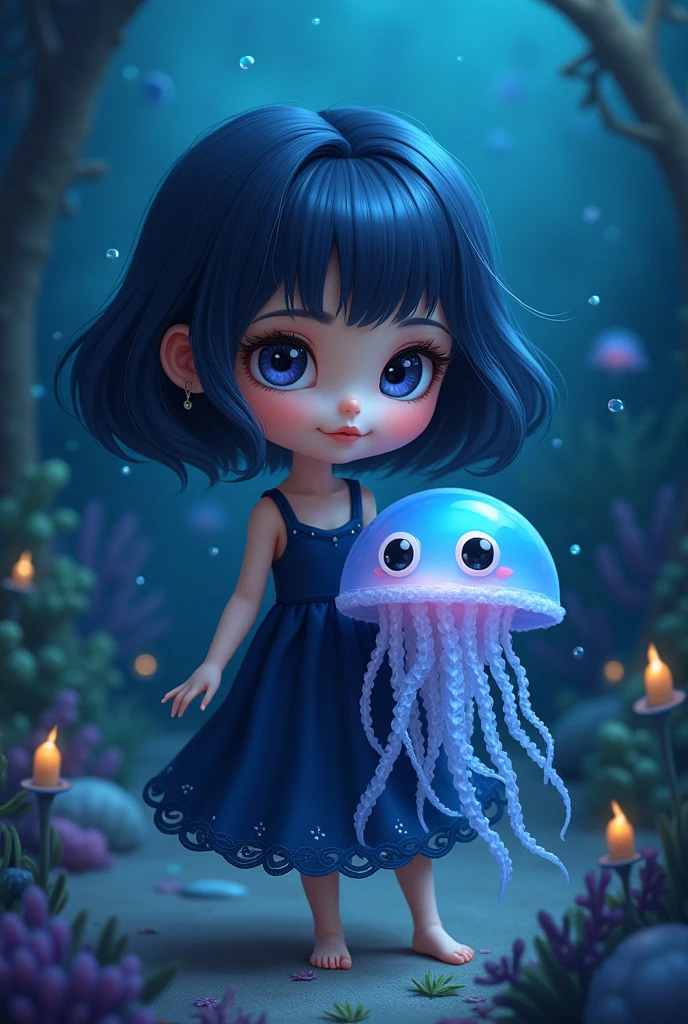 a girl with dark blue hair, dark blue eyes,and a dark blue dress with a jellyfish with big hair big eyes soft style cute