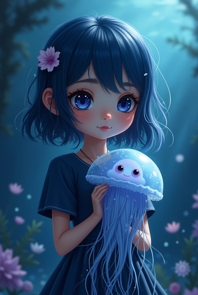 a girl with dark blue hair, dark blue eyes,and a dark blue dress with a jellyfish with big hair big eyes soft style cute 
